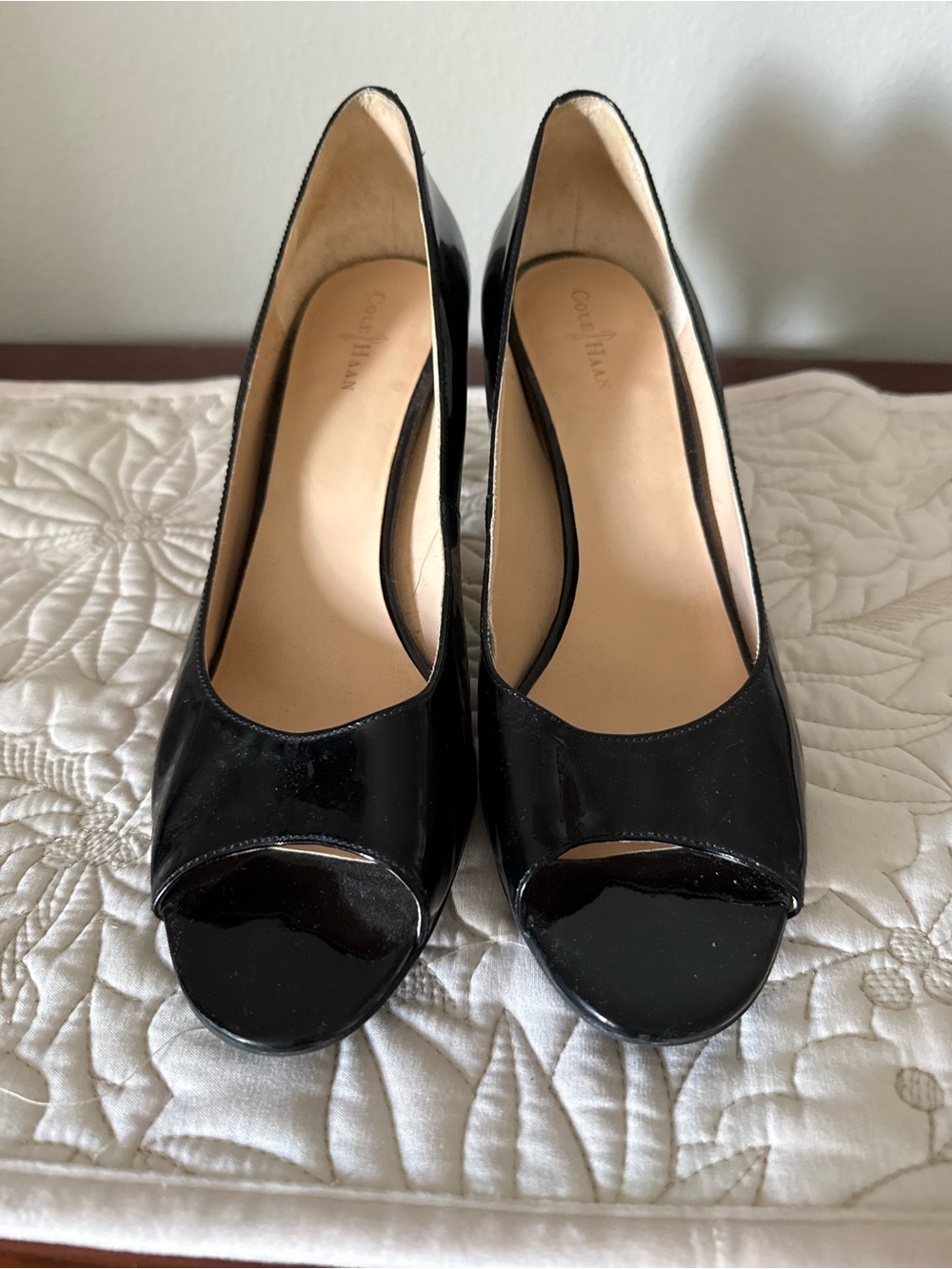 Cole Haan Black Patent Peep-Toe Heels